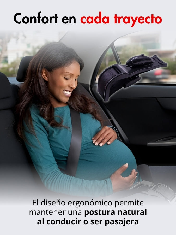 Mujer embarazada sentada en un automóvil junto a una vista del accesorio